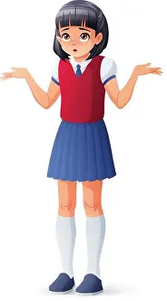 Puzzled Prints: Surprised Asian school student girl shrugging shoulders. Isolated vector illustration