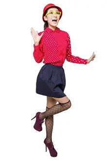 Exhilaration Prints: Surprised Chinese woman in red long-sleeve shirt and hat looking away while standing against white background in studio