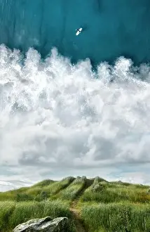 Surreal Dreamy Hiking Scene of a Tall Green Grass Trail Leading up a Hill with the Blue Ocean and a Boat in the Sky