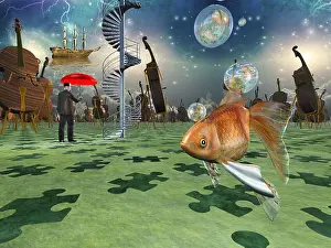 Wonderful Prints: Surreal scene with various elements, gold fish, cello man with red umbrella