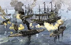 Old Fashioned Prints: Surrender of the Confederate ironclad ship Tennessee during the Battle of Mobile Bay 1864 American Civil War