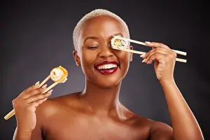 Dark Background Prints: Sushi, face and woman with chopsticks in studio for healthy eating