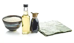 Seaweed Prints: The sushi ingredient. Nori, rice, rice vinegar and soy sauce isolated on white background