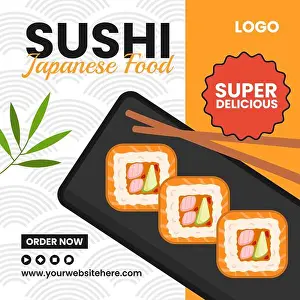 Shrimp Prints: Sushi Japanese Food Social Media Illustration Flat Cartoon Hand Drawn Templates Background