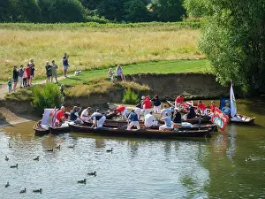 Oxfordshire Prints: Swan Upping, the traditional ceremonial annual census of swans and cygnets on the Thames stops off at Wallingford Beach