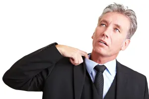 Exhausted Prints: Sweating manager pulling his shirt with his finger