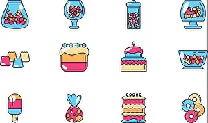 Jelly Prints: sweet dessert jar, candy and pastry icons set vector illustration