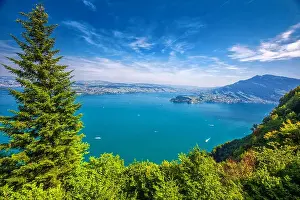 Blue Tower Prints: Swiss Alps near Burgenstock with the view of Vierwaldstattersee and Pilatus mountain