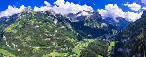 Bern Prints: Swiss nature scenery. Kandersteg village with stunning valley surrouded by high Alps mountains