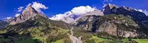 Bern Prints: Swiss nature scenery. Kandersteg village with stunning valley surrouded by high Alps mountains