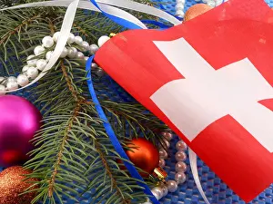 Satin Prints: switzerland flag with christmas decoration, new year card