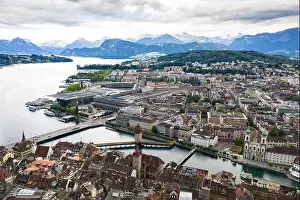 Lucerne Prints: Switzerland, Lucerne, Aerial view of city near mountains and lake