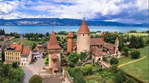 Neuchatel Prints: Switzerland scenic places. Estavayer-le-lac - charming traditional village