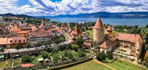 Neuchatel Prints: Switzerland scenic places. Estavayer-le-lac - charming traditional village
