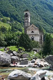 Old Village Prints: Switzerland: Verzasca river, known for its clear turquoise water