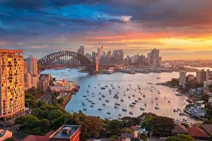 Sydney. Cityscape image of Sydney, Australia with Harbour Bridge and Sydney skyline during sunset