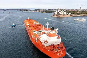 Sydney Harbour Prints: Sydney harbour crude oil tanker tugboats lead past Sydney Opera House rtowards Garden Island naval base