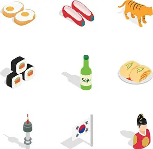 Seoul Prints: Symbols of South Korea icons, isometric 3d style