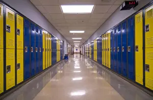 Reflecting Prints: Symmetrical view of a school hallway with lockers on each side