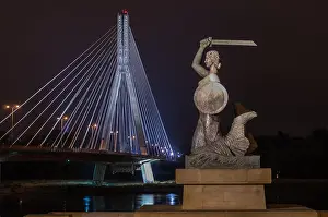 Mermaid Prints: Syrenka (Mermaid of Warsaw) i Most Świętokrzyski (Holly Cross Bridge) by night, Warszawa