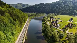Dunajec Prints: Szczawnica townscape and Dunajec River bends. Aerial drone view at springtime