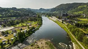 Dunajec Prints: Szczawnica townscape and Dunajec River bends. Aerial drone view at springtime