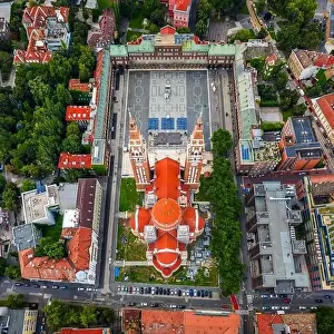 Szeged, Hungary - Aerial top down view of the Votive Church and Cathedral of Our Lady of Hungary (Szeged Dom)