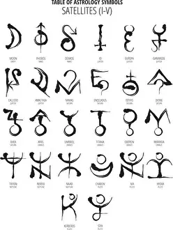 Ariel Prints: Table Of Astrology Symbols: Hand Drawn Satellites I-V Hieroglyph