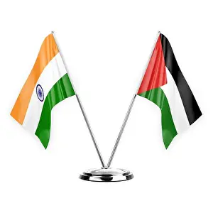 Relation Prints: Two table flags isolated on white background 3d illustration, india and palestine