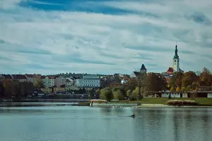City Landscape Prints: Tabor Czech Republic church tower view from lake