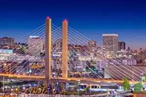 Tacoma, Washington, USA cityscape with East 21st Street Bridge at night