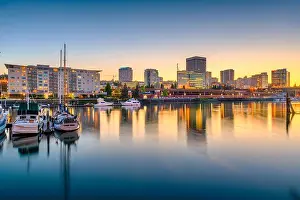 Tacoma, Washington, USA downtown skyline at dusk on Commencement Bay