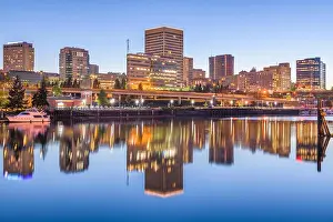 Tacoma, Washington, USA downtown skyline at dusk on Commencement Bay