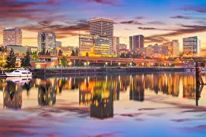 Tacoma, Washington, USA downtown skyline at dusk on Commencement Bay