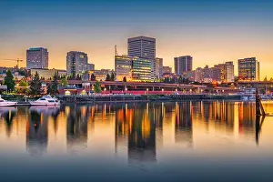 Tacoma, Washington, USA downtown skyline at dusk on Commencement Bay