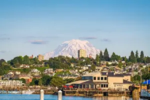 Tacoma, Washington, USA with Mt. Rainier in the distance on Commencement Bay