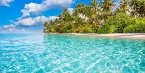 Images Dated 31st October 2019: Tahiti or Maldives island panoramic beach. Tropical landscape shore of scenic summer, white sand