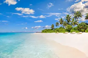 Tahiti or Maldives island panoramic beach. Tropical landscape shore of scenic summer, white sand, palm trees. Luxury travel vacation destination