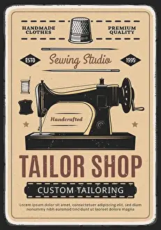 Tailor Prints: Tailor shop, sewing studio retro vector poster with machine and spool of thread