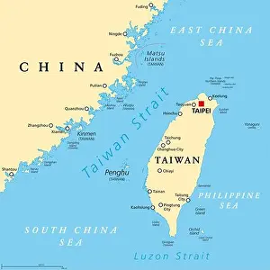 Taiwan Strait, political map. Important waterway and disputed international waters, separating the island of Taiwan and continental Asia