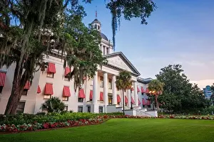 Statehouse Prints: Tallahassee, Florida, USA with the Old and New Capitol Building at twilight