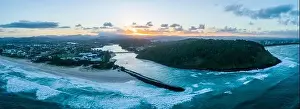 Gold Coast Prints: Tallebudgera creek mouth at dusk. Aerial panorama of Gold Coast, Queensland, Australia