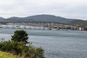Tasmania Prints: The Tasman Bridge connects the Tasman Highway over the River Derwent at Montagu Bay near Hobart in Tasmania