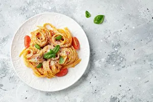 Spaghetti Prints: Tasty appetizing classic italian tagliatelle pasta with tomato sauce