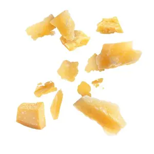 Hard Prints: Tasty parmesan cheese falling on white background