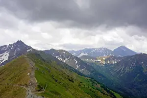Beautiful View Prints: Tatra Mountains, Poland. View from Kasprowy Wierch to Swinica mount, tourists on the trail