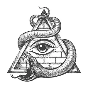 Occult Prints: Tattoo of All seeing Eye in Magic Delta Triangle Entwined by Snake of Wisdom