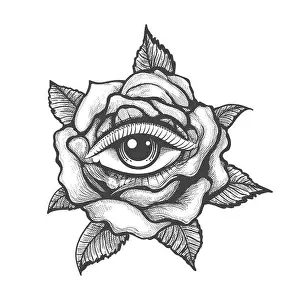 Occult Prints: Tattoo with Human Eye inside a Rose flower isolated on white background