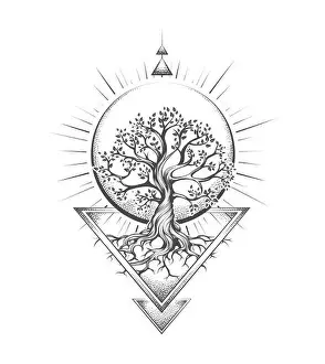 Tattoo of Tree of Life and Sacred Geometry Esoteric isolated on White Background. Vector illustration