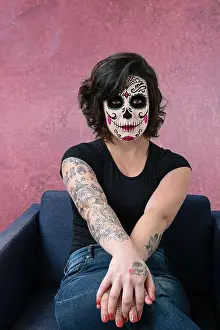 Anxious Prints: Tattooed woman, brunette, facing the camera and with La Katrina makeup